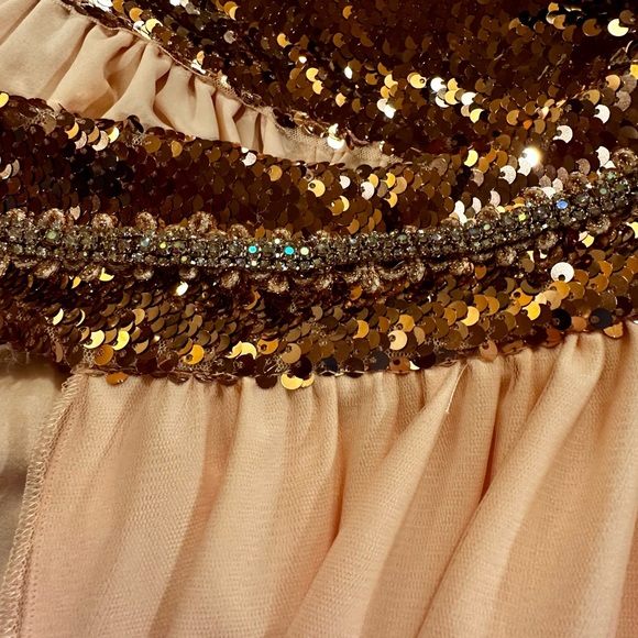 Fun fashion blush pink sequin cocktail, size L, custom belted overskirt. - Picture 3 of 4